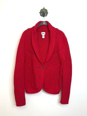 Chico's Red Chunky Knit Crochet Cardigan Sweater Shawl Collar Women's Size Large